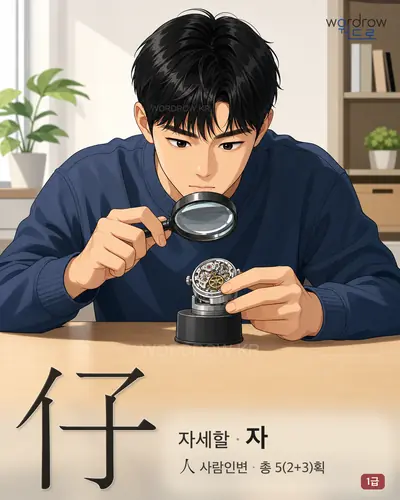 仔 (자세할 자) - 1급 한자 일러스트 카드