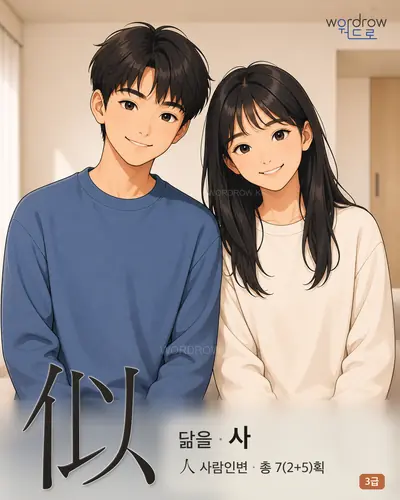 似 (닮을 사) - 3급 한자 일러스트 카드