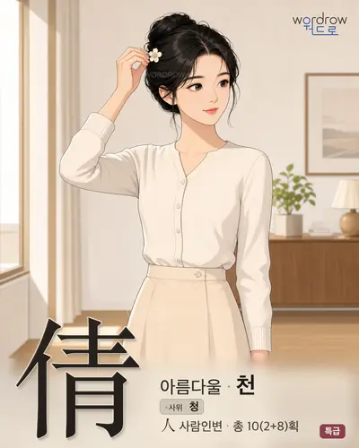倩 (아름다울 천) - 특급 한자 일러스트 카드