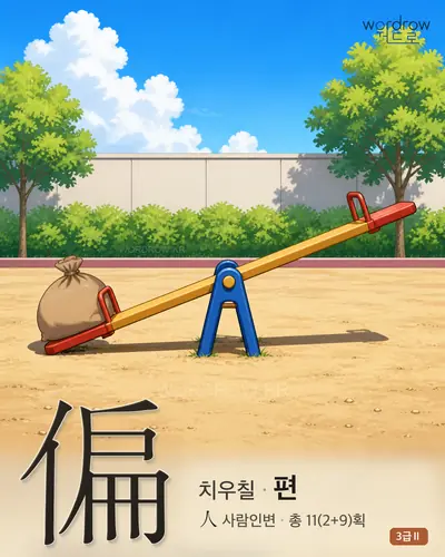 偏 (치우칠 편) - 3급Ⅱ 한자 일러스트 카드