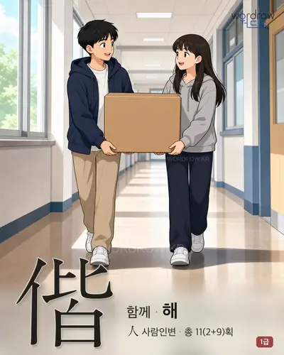 偕 (함께 해) - 1급 한자 일러스트 카드