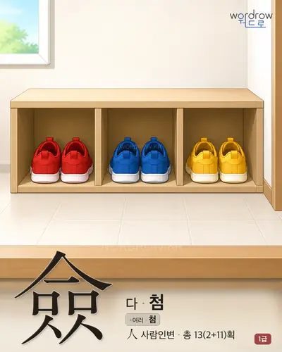 僉 (다 첨) - 1급 한자 일러스트 카드