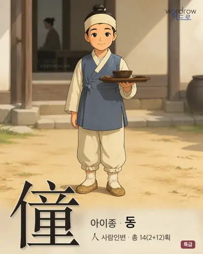 僮 (아이종 동) - 특급 한자 일러스트 카드