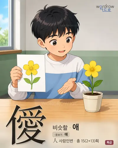僾 (비슷할 애) - 특급 한자 일러스트 카드