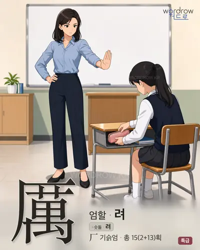 厲 (엄할 려) - 특급 한자 일러스트 카드