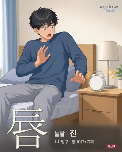唇 (놀랄 진) - 특급Ⅱ 한자 일러스트 카드