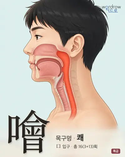 噲 (목구멍 쾌) - 특급 한자 일러스트 카드