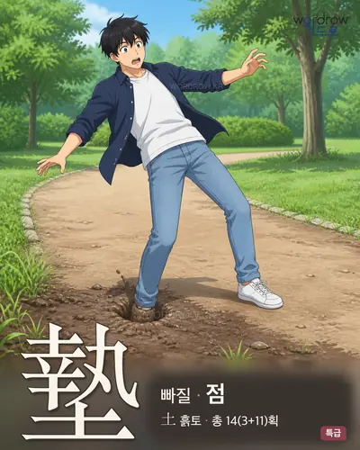 墊 (빠질 점) - 특급 한자 일러스트 카드