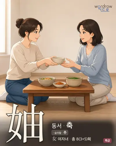 妯 (동서 축) - 특급 한자 일러스트 카드