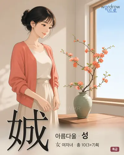 娍 (아름다울 성) - 특급 한자 일러스트 카드