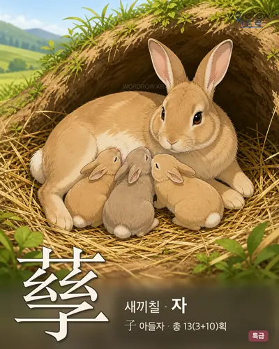 孶 (새끼칠 자) - 특급 한자 일러스트 카드