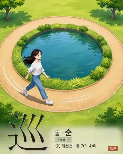 巡 (돌[廻] 순) - 3급Ⅱ 한자 일러스트 카드