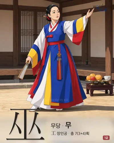 巫 (무당 무) - 1급 한자 일러스트 카드