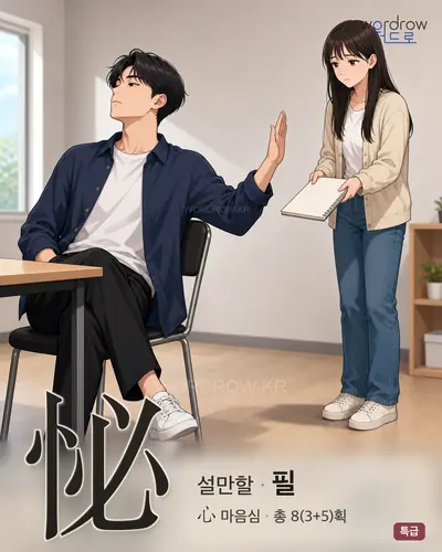 怭 (설만할 필) - 특급 한자 일러스트 카드