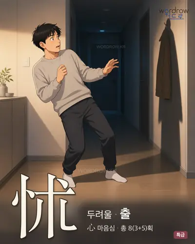 怵 (두려울 출) - 특급 한자 일러스트 카드