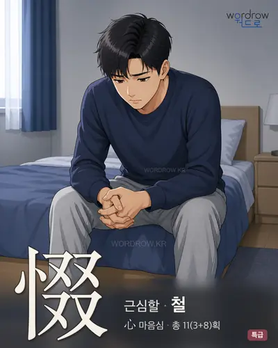惙 (근심할 철) - 특급 한자 일러스트 카드