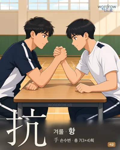 抗 (겨룰 항) - 4급 한자 일러스트 카드
