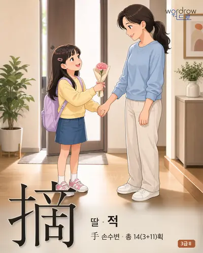 摘 (딸[手收] 적) - 3급Ⅱ 한자 일러스트 카드