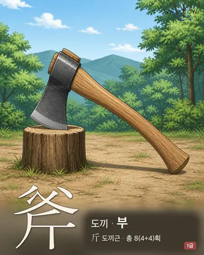 斧 (도끼 부) - 1급 한자 일러스트 카드