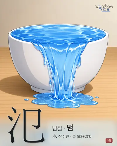氾 (넘칠 범) - 1급 한자 일러스트 카드