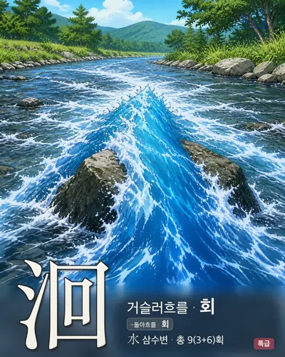 洄 (거슬러흐를 회) - 특급 한자 일러스트 카드