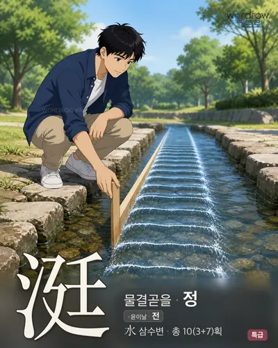 涏 (물결곧을 정) - 특급 한자 일러스트 카드