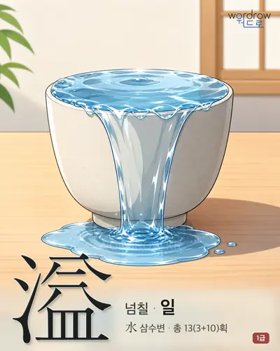溢 (넘칠 일) - 1급 한자 일러스트 카드