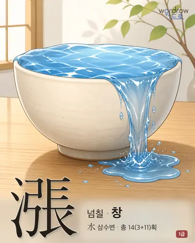 漲 (넘칠 창) - 1급 한자 일러스트 카드