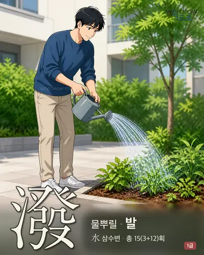 潑 (물뿌릴 발) - 1급 한자 일러스트 카드
