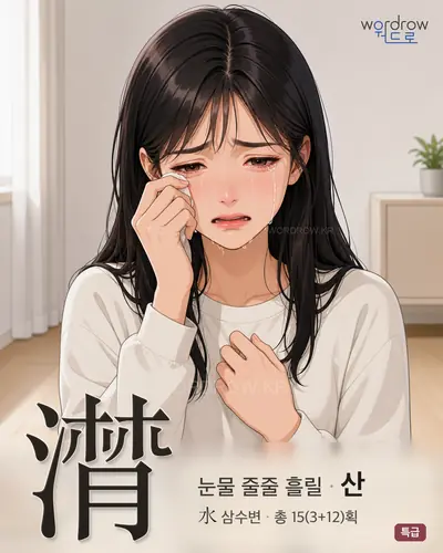 潸 (눈물줄줄흘릴 산) - 특급 한자 일러스트 카드