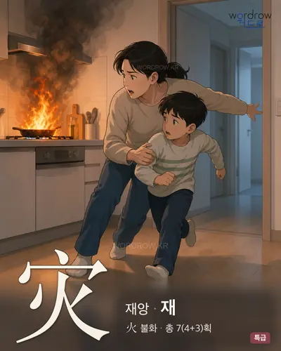 灾 (재앙 재) - 특급 한자 일러스트 카드