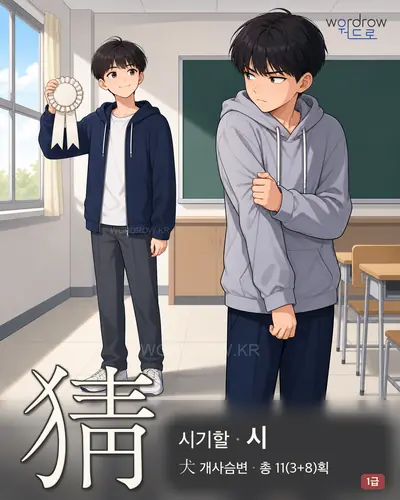 猜 (시기할 시) - 1급 한자 일러스트 카드