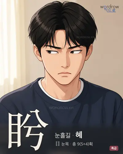 盻 (눈흘길 혜) - 특급 한자 일러스트 카드