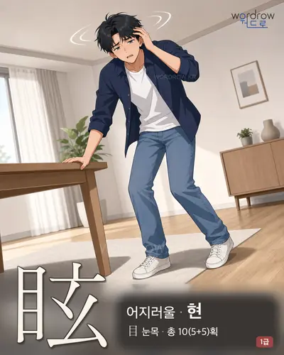 眩 (어지러울 현) - 1급 한자 일러스트 카드