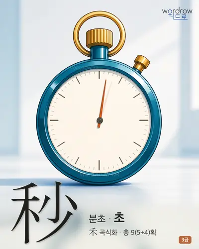 秒 (분초 초) - 3급 한자 일러스트 카드