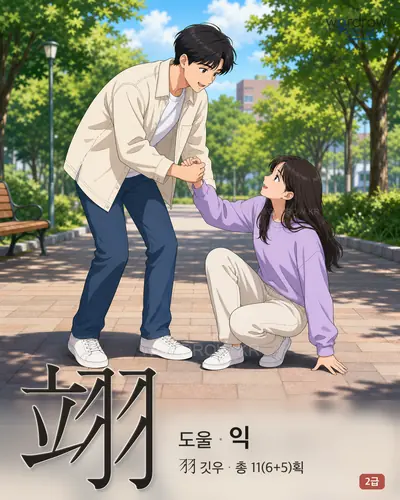翊 (도울 익) - 2급 한자 일러스트 카드