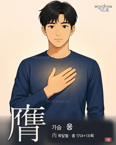 膺 (가슴 응) - 1급 한자 일러스트 카드