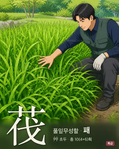 茷 (풀잎무성할 패) - 특급 한자 일러스트 카드