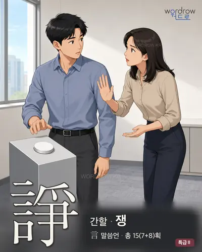 諍 (간할 쟁) - 특급Ⅱ 한자 일러스트 카드