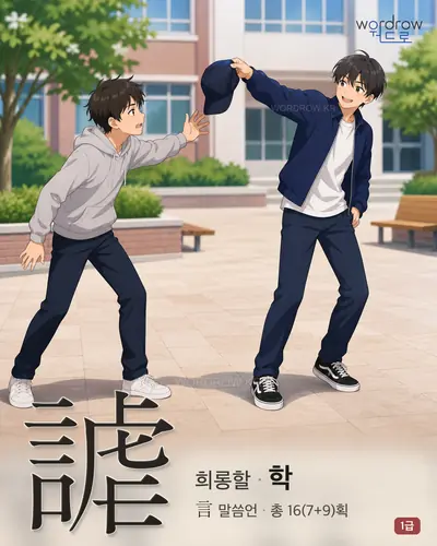 謔 (희롱할 학) - 1급 한자 일러스트 카드