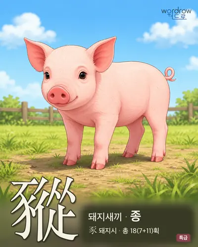 豵 (돼지새끼 종) - 특급 한자 일러스트 카드