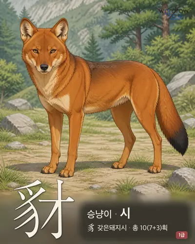 豺 (승냥이 시) - 1급 한자 일러스트 카드