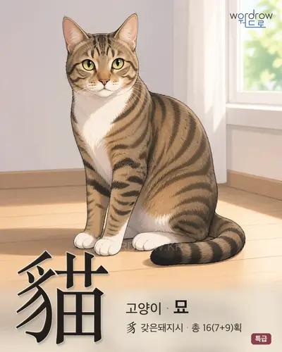 貓 (고양이 묘) - 특급 한자 일러스트 카드