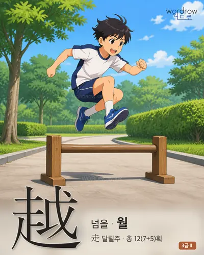 越 (넘을 월) - 3급Ⅱ 한자 일러스트 카드