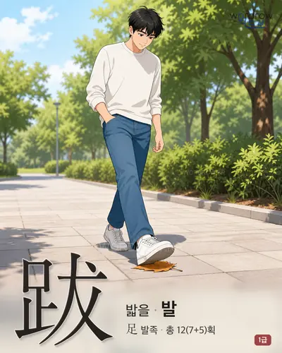 跋 (밟을 발) - 1급 한자 일러스트 카드