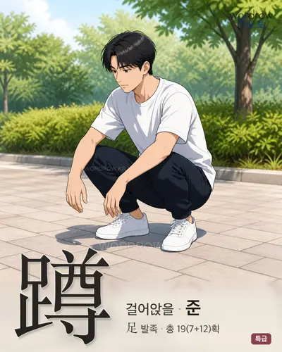 蹲 (걸어앉을 준) - 특급 한자 일러스트 카드