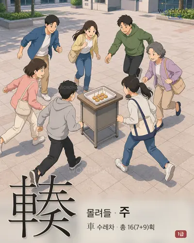 輳 (몰려들 주) - 1급 한자 일러스트 카드