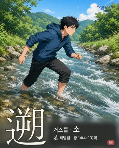 遡 (거스를 소) - 1급 한자 일러스트 카드