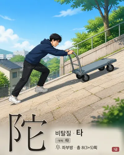 陀 (비탈질 타) - 1급 한자 일러스트 카드