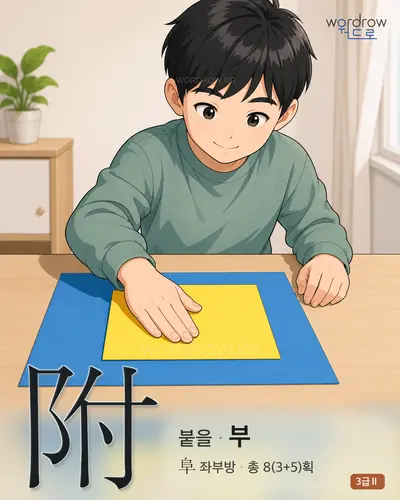 附 (붙을 부) - 3급Ⅱ 한자 일러스트 카드
